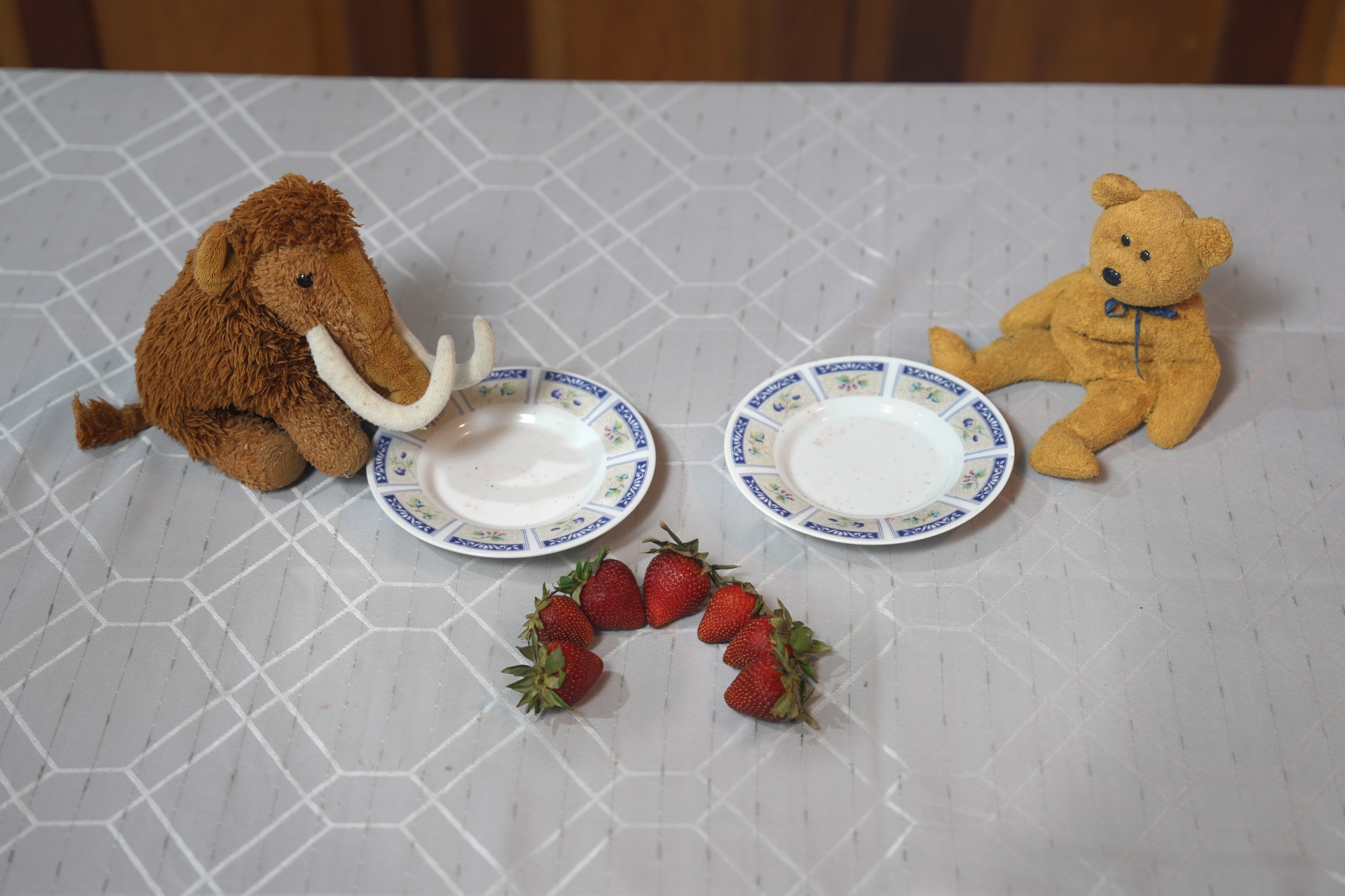 two stuffed animals with empty plates plus some strawberries