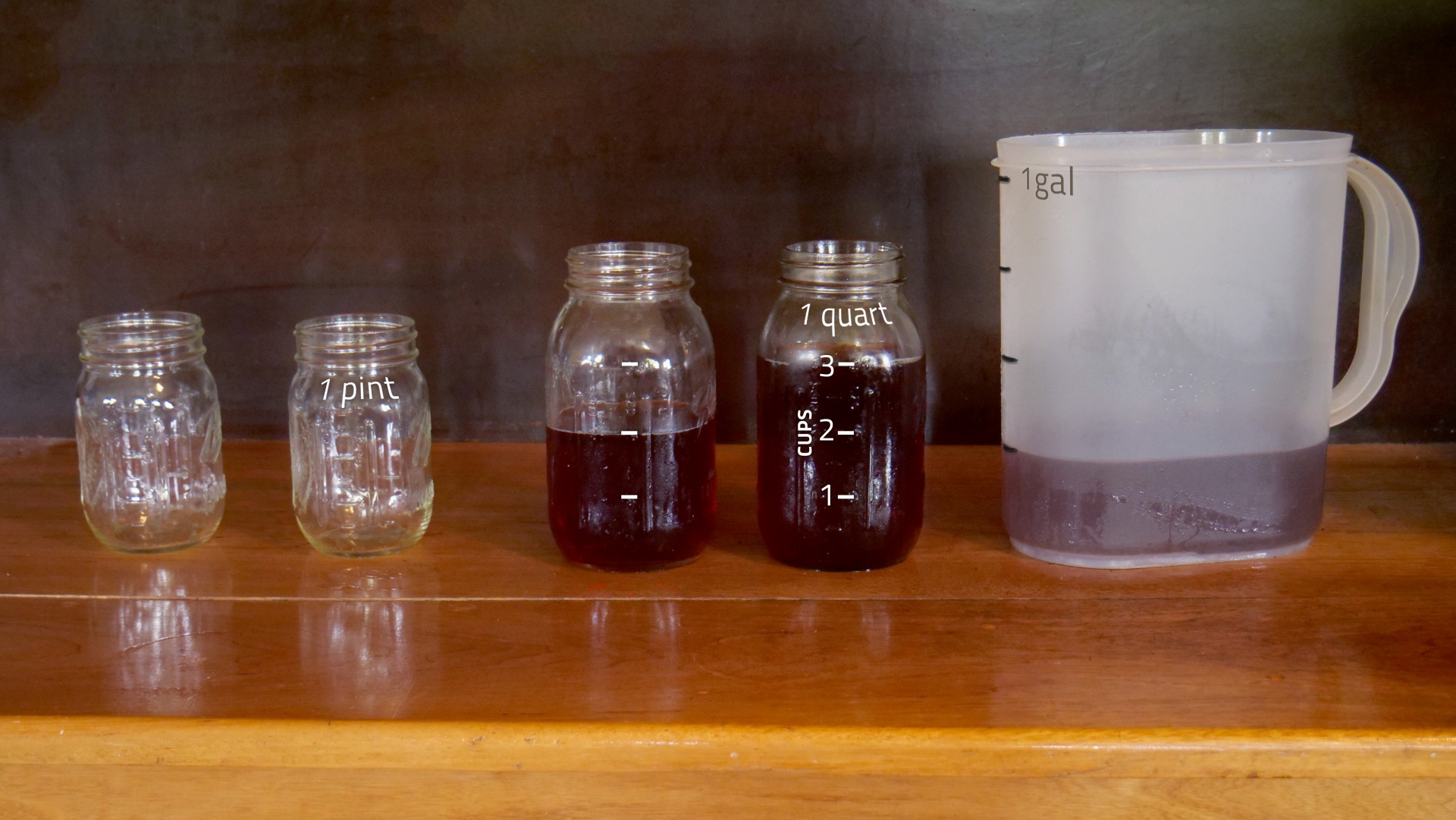 quarter-full 1-gallon pitcher and several quart and pint jars